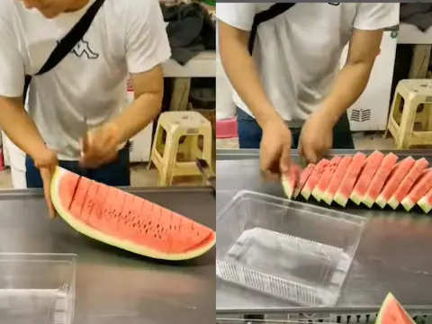 चाकू के एक ही वार में कर दिए तरबूज के टुकड़े - टुकड़े, नहीं देखा होगा फल काटने का ऐसा तरीका, देखें VIDEO